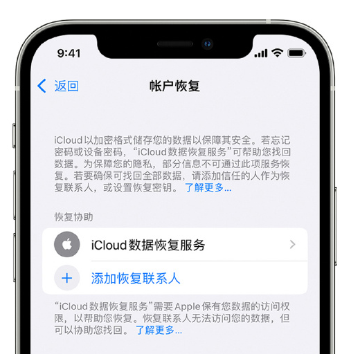 界首苹果手机维修分享在 iPhone 上设置帐户恢复联系人的方法 