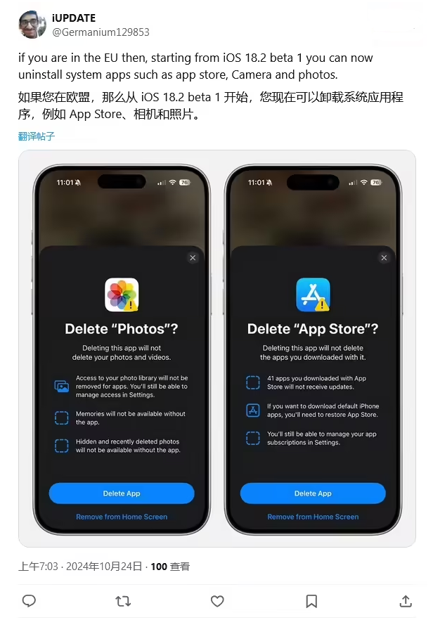 界首苹果手机维修分享iOS 18.2 支持删除 App Store 应用商店 