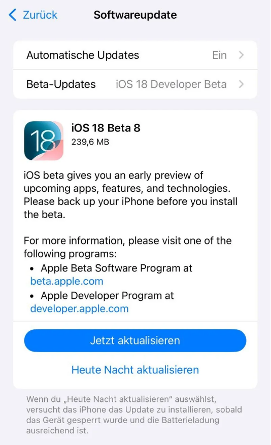 界首苹果手机维修分享苹果 iOS / iPadOS 18 开发者预览版 Beta 8 发布 